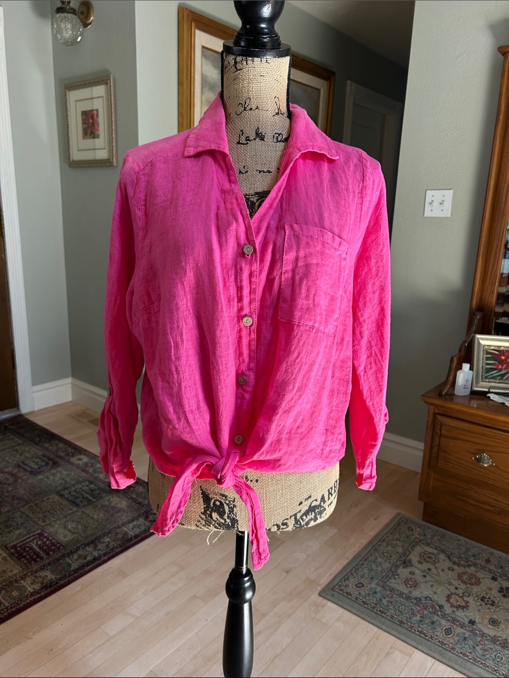 Tie-Front Button-Down Shirt in Vibrant Hot Pink